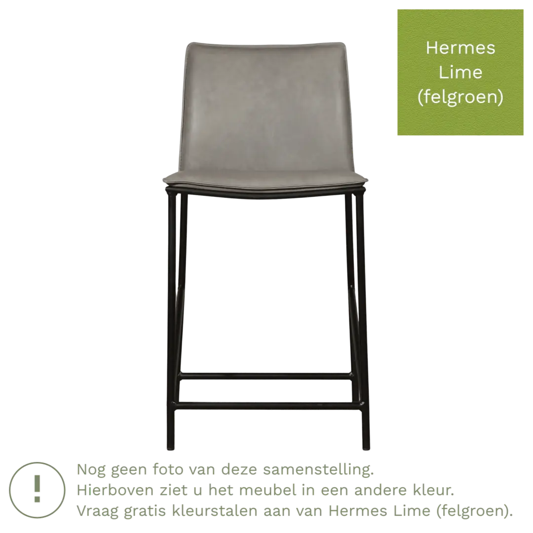 afbeelding van Leren barkruk laag Favor - Hermes Lime (felgroen) - poten staal rond zwart